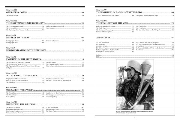 Table of contents pages from "The 17th Waffen-SS Panzergrenadier Division Götz von Berlichingen" by Schiffer Publishing, Ltd., listing military chapters; bottom right, a black and white photo shows a soldier with binoculars.