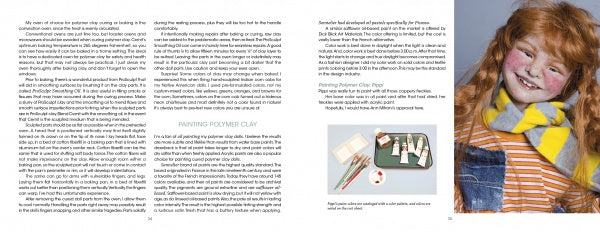 A book spread from "Lifelike Artist Dolls" by Schiffer Publishing, Ltd. shows polymer clay doll-making tips and DIY projects, featuring a smiling red-haired child and a flat lay of paint, brushes, and polymer clay.