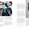 A magazine spread features Katrina Rodabaugh with knitting materials, text about her creative motherhood and "The Motherhood of Art" by Schiffer Publishing, Ltd., plus a photo of her smiling while holding two young children.