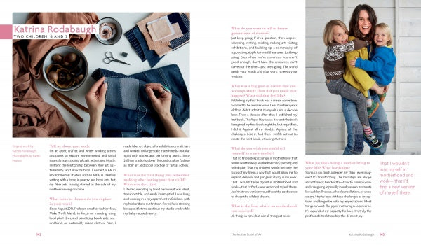 A magazine spread features Katrina Rodabaugh with knitting materials, text about her creative motherhood and "The Motherhood of Art" by Schiffer Publishing, Ltd., plus a photo of her smiling while holding two young children.