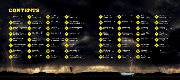 Against a stormy sky with lightning, a blue car drives past yellow diamond-shaped signs listing chapters about spooky landmarks and haunted places from West Virginia's Dark Tourism by Schiffer Publishing, Ltd.