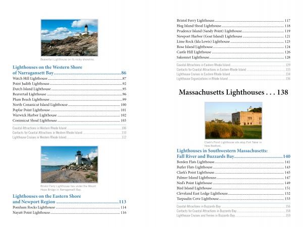 “Lighthouses and Coastal Attractions of Southern New England” by Schiffer Publishing, Ltd. features table of contents spreads with lighthouse photos near rocky shores—ideal for any lighthouse guide enthusiast.
