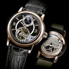 Two "Live Your Passion" luxury wristwatches from Schiffer Publishing, Ltd. are shown: one features high-end complications with an open-face dial and moonphase, while the other reveals the intricate mechanical movement on its back.
