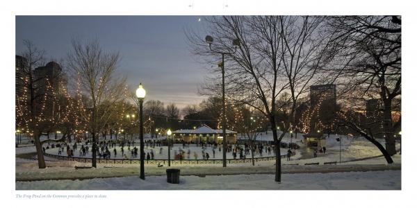People ice skating on an outdoor rink surrounded by lit trees at dusk—a perfect scene captured in Boston by Schiffer Publishing, Ltd., with glowing buildings and snowy ground showcasing iconic city attractions.