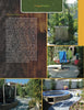 Scott Cohen's Family Friendly Landscapes by Schiffer Publishing, Ltd. showcases a backyard with trees, paved path, blue adaptive swing, trampoline, raised garden, curved bench seating, and a wishing well fountain—ideal for child-friendly outdoor activities.