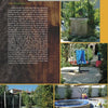 Scott Cohen's Family Friendly Landscapes by Schiffer Publishing, Ltd. showcases a backyard with trees, paved path, blue adaptive swing, trampoline, raised garden, curved bench seating, and a wishing well fountain—ideal for child-friendly outdoor activities.