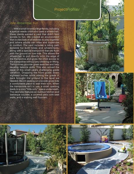 Scott Cohen's Family Friendly Landscapes by Schiffer Publishing, Ltd. showcases a backyard with trees, paved path, blue adaptive swing, trampoline, raised garden, curved bench seating, and a wishing well fountain—ideal for child-friendly outdoor activities.