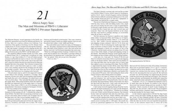 A book spread featuring two pages of text. The left page is titled "We Flew Alone 2nd Edition" by Schiffer Publishing, Ltd., highlighting Pacific air squadrons and displaying two military squadron patches at the bottom.