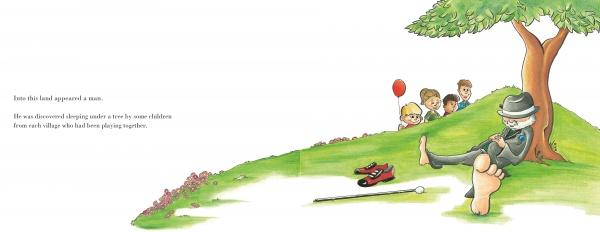 In "The Legend of Papa Balloon" by Schiffer Publishing, Ltd., four curious kids peek at a man in a suit, hat, and sunglasses napping under a tree, his shoes and cane beside him, as one child clutches a red balloon in this playful early reader scene.