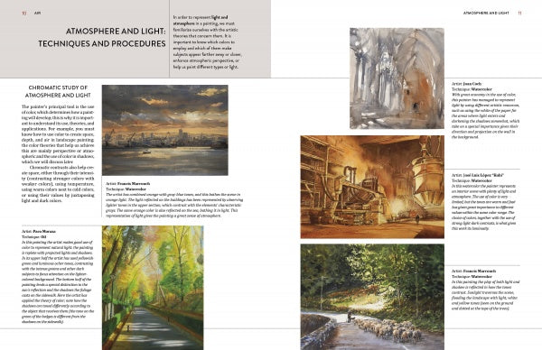 The magazine spread "Painting the Elements" by Schiffer Publishing, Ltd. showcases landscape and cityscape art with text on techniques for capturing light and atmosphere in paintings.