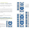Weaving Patterned Bands by Schiffer Publishing, Ltd. features an instructional page with 9 pattern threads, blue and white charts, written guides, and four examples—hearts, diamonds, and geometric designs—highlighting Baltic weaving traditions.