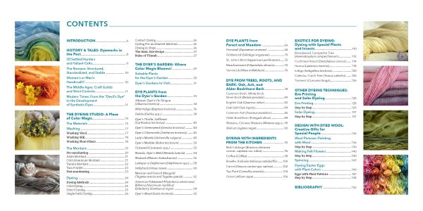 Contents page of "Natural Dyeing with Plants" by Schiffer Publishing, Ltd., showing vibrant plant-dyed fibers and yarns on the left, with a detailed chapter list and page numbers on the right.