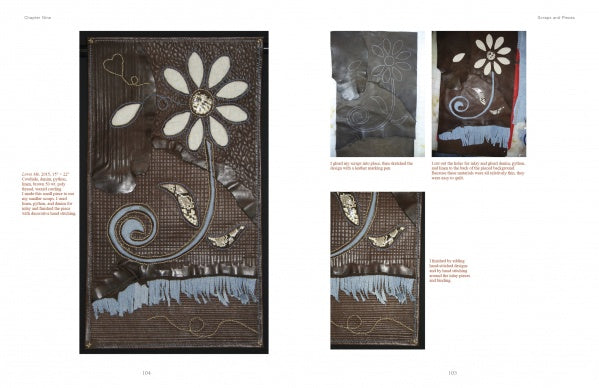 Three images display Quilted Leather by Schiffer Publishing, Ltd.: a dark leather panel with a bold floral motif, along with close-ups and process shots highlighting sewing techniques and annotated steps in creating the design.