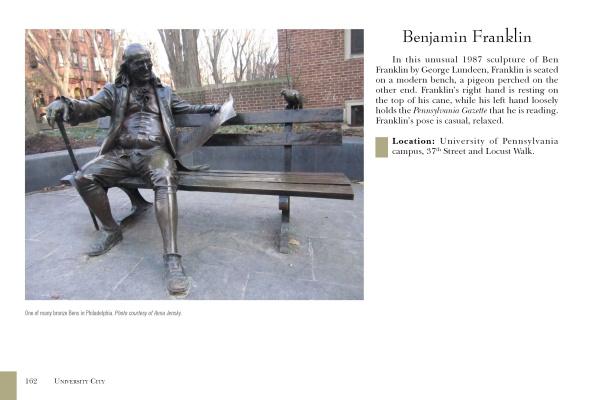 Discover the "Monuments and Memorials of Philadelphia" by Schiffer Publishing, Ltd., featuring the bronze statue of Benjamin Franklin seated on a bench at the University of Pennsylvania, 37th Street and Locust Walk.