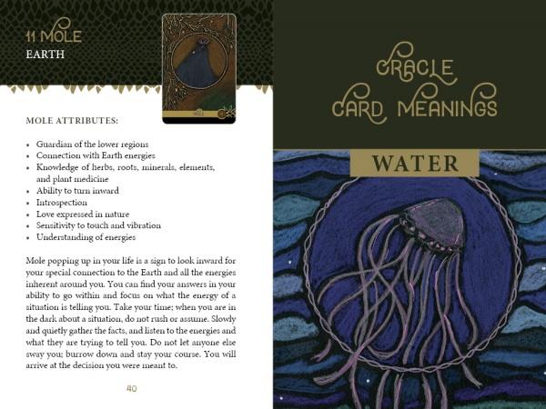 A two-page spread from The Wild Elemental Oracle by Schiffer Publishing, Ltd. features the Mole card for Earth. On the right, an illustrated mole tunnels underground; the left page lists attributes rooted in Mother Nature’s wisdom.
