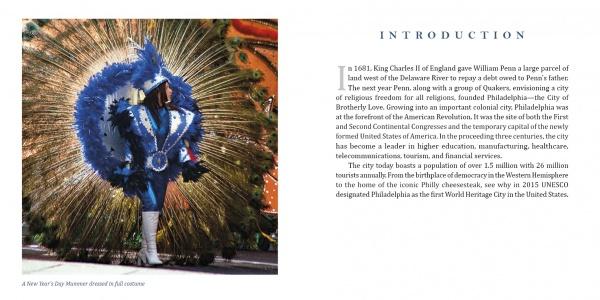 A New Year’s Day Mummer in a blue, white, and silver feathered costume stands with arms outstretched, alongside text from Philadelphia by Schiffer Publishing, Ltd. featuring the city’s history, World Heritage City status, and top historic sites.