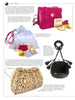 A magazine page showcases four elegant Exotic Skin handbags from Schiffer Publishing, Ltd.: pink textured, purple satin pouch with accessories, black crocodile-embossed, and beige snakeskin styles—all with gold accents and detailed descriptions.