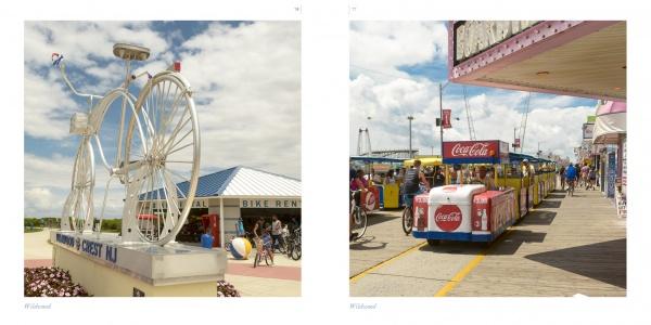 Left: Large white bicycle sculpture near a bike rental shop. Right: Colorful Coca-Cola tram car carries visitors along the bustling boardwalk under sunny skies—capturing iconic scenes from The Jersey Shore by Schiffer Publishing, Ltd.
