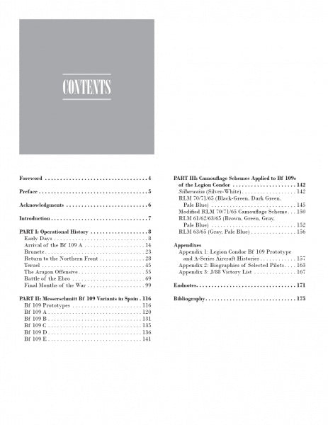 Table of contents for "German Eagles in Spanish Skies" by Schiffer Publishing, Ltd., includes Foreword, Preface, Introduction, Operational History—Bf 109 and Legion Condor in the Spanish Civil War—Variants, Camouflage Schemes, Appendices, and Bibliography.