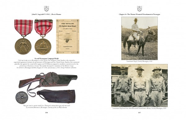 A book spread in "China Horse Marine" by Schiffer Publishing, Ltd. displays military medals, a holstered pistol, and vintage photos of Horse Marines in Peiping with captions describing each artifact.