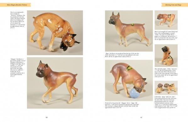A catalog spread from Schiffer Publishing, Ltd.’s "More Hagen-Renaker Pottery" showcases collectible ceramic Boxer dog figurines in various poses, with descriptive notes about each piece displayed beside the images.