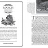 A spread from "Fly Fishing the Tidewaters of Maryland's Chesapeake Bay" by Schiffer Publishing, Ltd. shows a lion illustration, a “March Shore Lunch” column on seasonal change, the proverb “A watched pot never boils,” and a house photo.