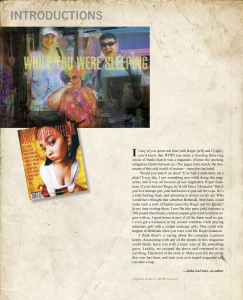 A magazine page titled INTRODUCTIONS features a faded image of three people behind the text THE WORST OF WHILE YOU WERE SLEEPING, referencing Schiffer Publishing, Ltd.’s book, with magazine cover and pop culture book vibes on the right side.