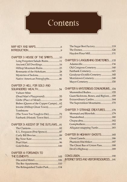 The table of contents in "Arizona's Back Roads" by Schiffer Publishing, Ltd. lists chapters on Arizona ghost towns, Native American ruins, cemeteries, supernatural phenomena, and mining towns, with their respective page numbers.