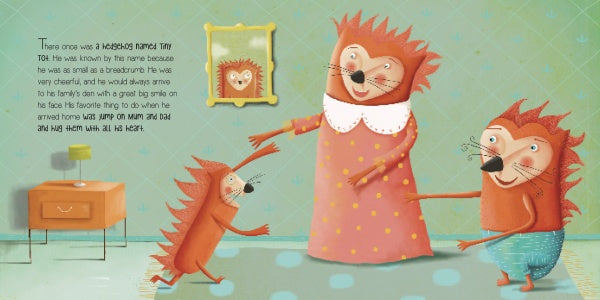 Illustration for "The Hedgehog Who Didn't Want to Prickle" by Schiffer Publishing, Ltd.: Three smiling hedgehogs in a green-walled room—one in a dress hugs a smaller hedgehog, while another stands nearby—showing emotional intelligence for children.
