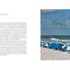 A row of blue and white umbrellas lines a sandy shore with gentle waves and a cloudy sky. This beach scene image appears alongside text about beaches in "The Ever-Changing Coastline" by Schiffer Publishing, Ltd.