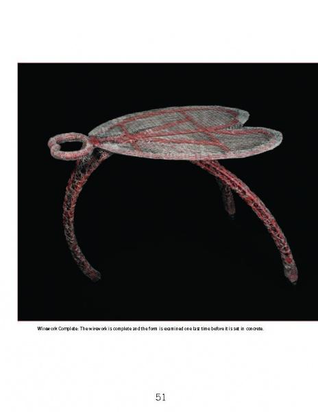 Against a black background, "Creating Concrete Art Furniture" by Schiffer Publishing, Ltd. features a wire frame resembling a three-legged table with a round handle, styled in red and silver plaid concrete furniture design.