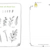 A page from the Floral Doodling Handbook by Schiffer Publishing, Ltd. features black and white sketches of pinnate and alternate leaves for art journaling, plus a blank framed space and a small figure in a yellow dress at the top.