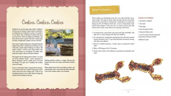 Two pages from "Meet Me in My Cape Cod Kitchen" by Schiffer Publishing, Ltd.: the left shares a baking story with a photo of stacked cookies; the right features a “Surprise Cookies” recipe and animal-shaped seaside treats.