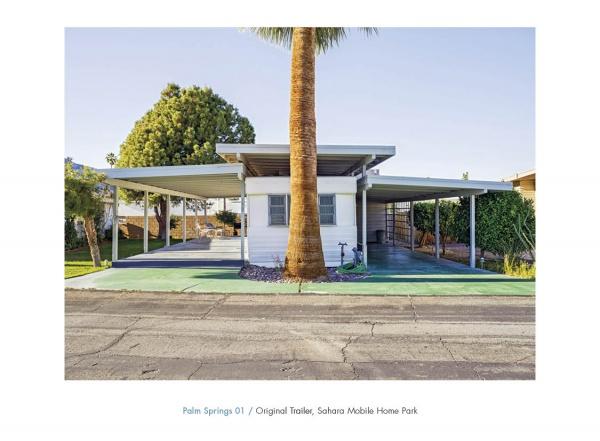 Small Dreams" by Schiffer Publishing, Ltd. features a white mobile home with two carports under a tall palm, set among green pavement and lush landscaping in sunny Palm Springs’ trailer park homes community.