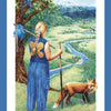 A blonde figure in butterfly-blue, holding a bundle, stands by a tree and river near mountains with a fox nearby. Inspired by the Gaian Tarot from Schiffer Publishing, Ltd., the card reads 0 THE SEEKER.