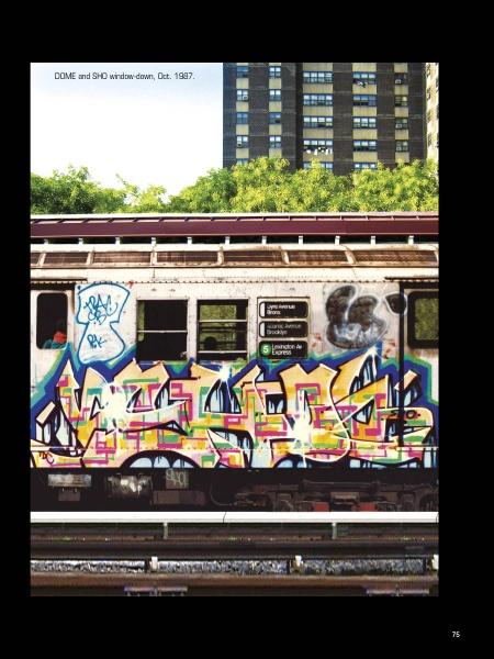 A subway car adorned with vibrant graffiti art by NYC artists sits on the tracks amid apartments and trees in this photo, featured in "New York City Graffiti" from Schiffer Publishing, Ltd., labeled DOME and SHO window-down, Oct. 1987.