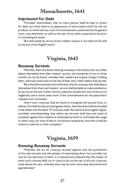 Page 27 of "Colonial Law in America" by Schiffer Publishing, Ltd. features black text on white, outlining Massachusetts (1641) and Virginia (1643, 1659) laws on debt and runaway servants, showcasing Colonial American justice and punishments.