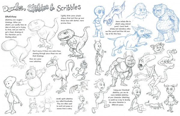 A page from "Creatures and Characters" by Schiffer Publishing, Ltd. features pencil sketches of monsters, dinosaurs, dragons, and humanoids with handwritten drawing tips—ideal for a children's art book.