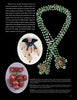 A catalog page featuring Miriam Haskell Jewelry by Schiffer Publishing, Ltd.—a long green beaded necklace with floral clasps, a beige and blue petal brooch, and a red grape cluster brooch—shown with detailed text and captions.