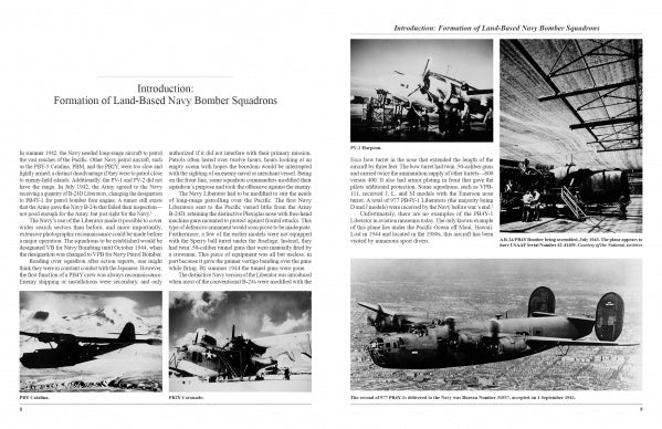 Two pages from "We Flew Alone 2nd Edition" by Schiffer Publishing, Ltd. show black-and-white WWII aircraft photos, including PB4Y-1 bombers and crew, with captions and text on Navy bomber squadron formation in Pacific air squadrons.