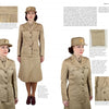 Four women model khaki WWII Women’s Army Auxiliary Corps uniforms with jackets, skirts, and caps. Close-ups show buttons, insignia, and pockets. "Women For Victory Vol 2" by Schiffer Publishing, Ltd. features info on American servicewomen.