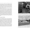A two-page spread from "The Neutron's Long Shadow" (Schiffer Publishing, Ltd.) features black-and-white photos: a bomb crater, electronics, a Manhattan Project bomb on a trolley, an aircraft nose, and a plane on the runway with text below and beside the images.