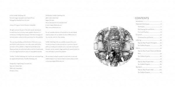 On the left is copyright and publishing info, on the right is the contents page. Centered is a symmetrical, detailed black-and-white stippling illustration of an elephant’s face from "Dot Drawing" by Schiffer Publishing, Ltd.