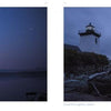 Left: A starry sky shimmers over a tranquil Maine lake. Right: Lighthouse and ferry glow at dusk on a rocky shore, capturing a Coastal Maine scene. Product by Schiffer Publishing, Ltd.