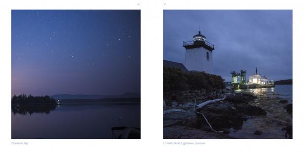 Left: A starry sky shimmers over a tranquil Maine lake. Right: Lighthouse and ferry glow at dusk on a rocky shore, capturing a Coastal Maine scene. Product by Schiffer Publishing, Ltd.