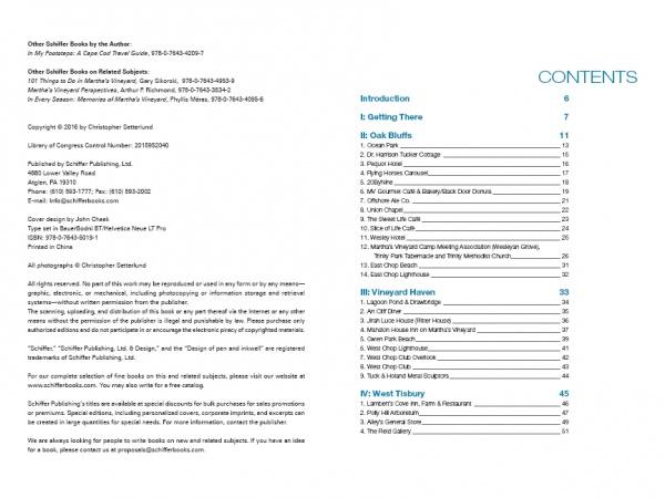 Photo of the copyright and contents pages from "In My Footsteps" by Schiffer Publishing, Ltd., featuring chapters like Oak Bluffs and Vineyard Haven—perfect for those planning a Martha’s Vineyard getaway or seeking a travel guide.