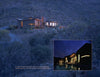 Contemporary villas with large windows glow at night in a desert landscape with cacti; an inset highlights architectural designs from "Contemporary Villas" by Schiffer Publishing, Ltd., as the home and pool shine under a dark blue sky.