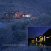 Contemporary villas with large windows glow at night in a desert landscape with cacti; an inset highlights architectural designs from "Contemporary Villas" by Schiffer Publishing, Ltd., as the home and pool shine under a dark blue sky.