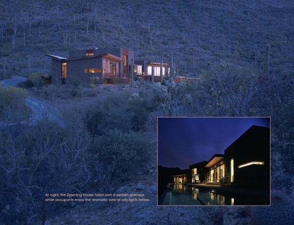 Contemporary villas with large windows glow at night in a desert landscape with cacti; an inset highlights architectural designs from "Contemporary Villas" by Schiffer Publishing, Ltd., as the home and pool shine under a dark blue sky.