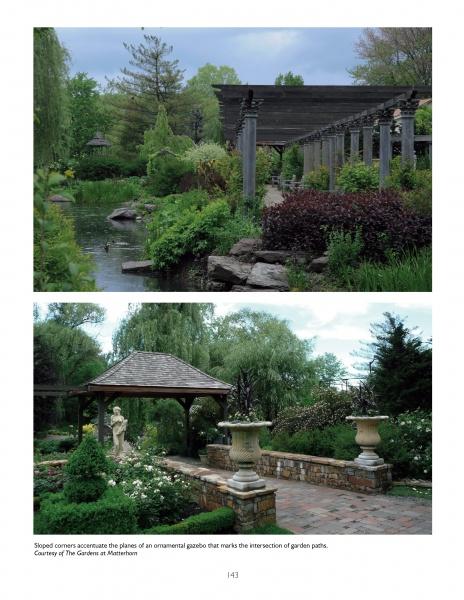Two lush garden photos feature highlights from Schiffer Publishing, Ltd.’s "The Big Book of Gazebos, Pergolas, and Other Backyard Architecture," including a wooden pergola by a pond and a stone gazebo with statues, urns, and creative landscaping.